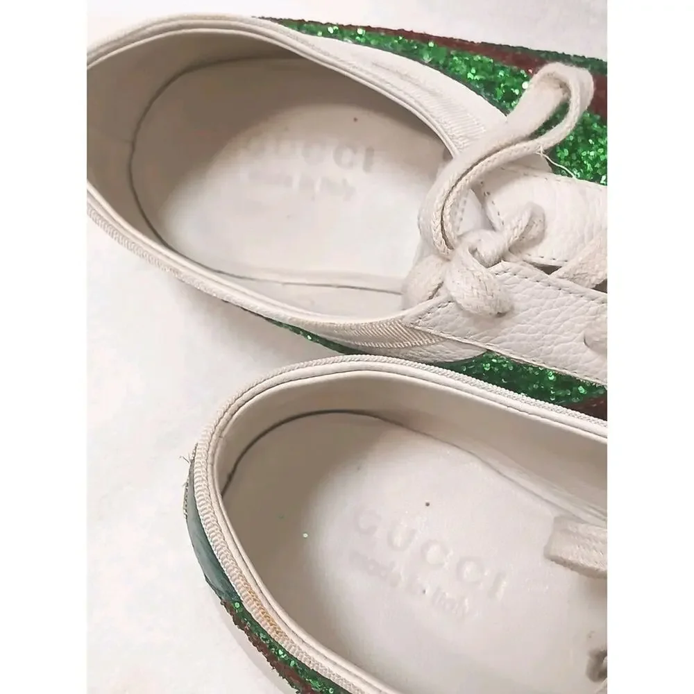 RARE Gucci Falacer Glitter Sneakers Men Sz 7 White Leather Green Red SPARKLE